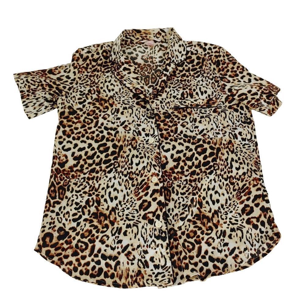Victoria's Secret Sleep Shirt Womens Small Cheetah Button Short Sleeves Pocket